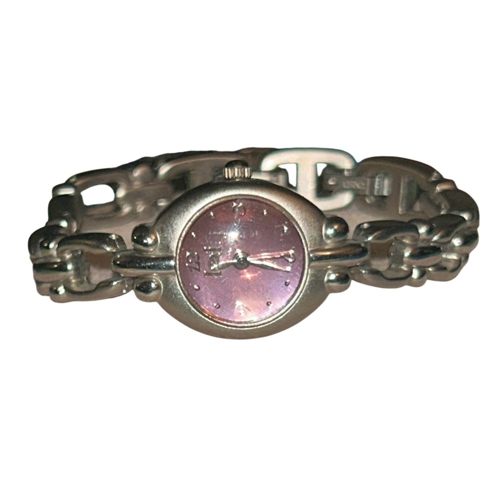 Lei Womens Vintage Silver Tone Bracelet Watch Pink Sunray Dial Oval Case